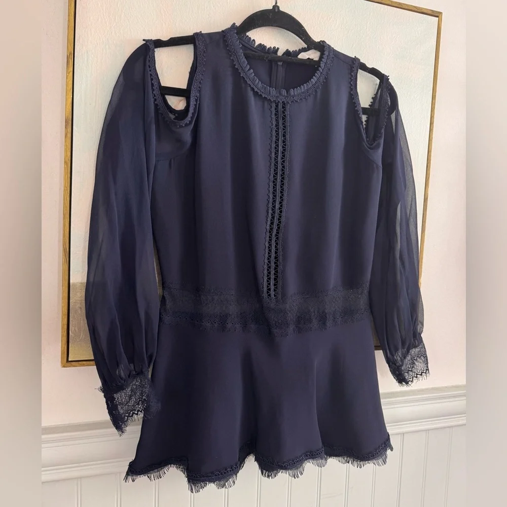 Jonathan Simkhai Cold Shoulder Lace Trim Blouse in Blue Silk - Picture 2 of 6